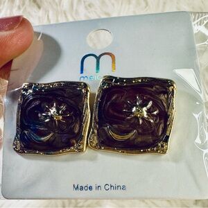 Melody Sun and Moon Brown Enamel Gold Tone Stud Earrings